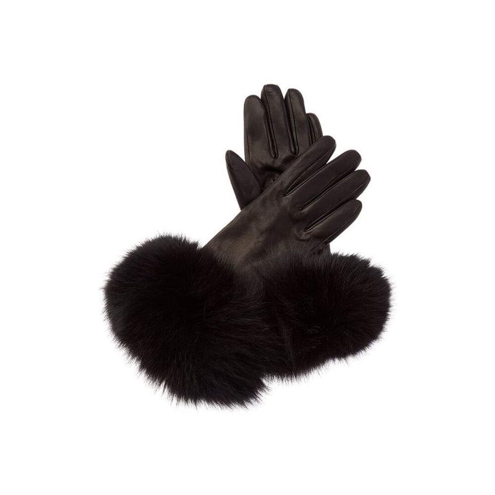 Sofiacashmere 2-Button Cashmere-Lined Leather Gloves, Black